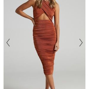 Selita Ruched High Neck Midi Dress in Rust
